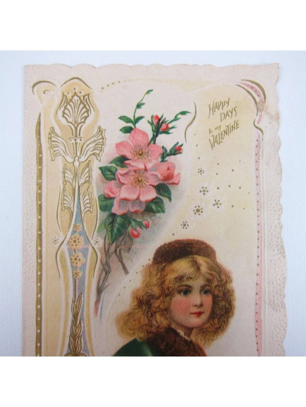 Antique Valentine Blonde Girl Green Coat Pink Flowers Embossed Bifold UNSIGNED